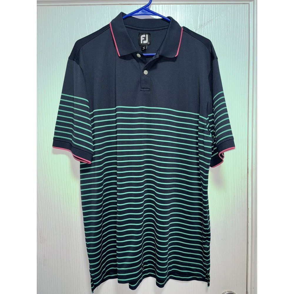 Footjoy FJ Polo Shirt Men's L Large Navy Blue Green Golf Breton Stripe‎ Pique FJ